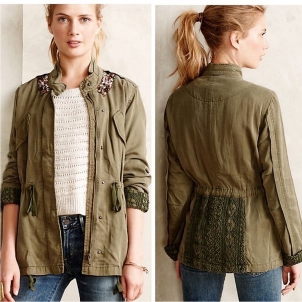 💋Anthropologie Hei Hei jewelry Olive Utility Jacket anorak with lace size S